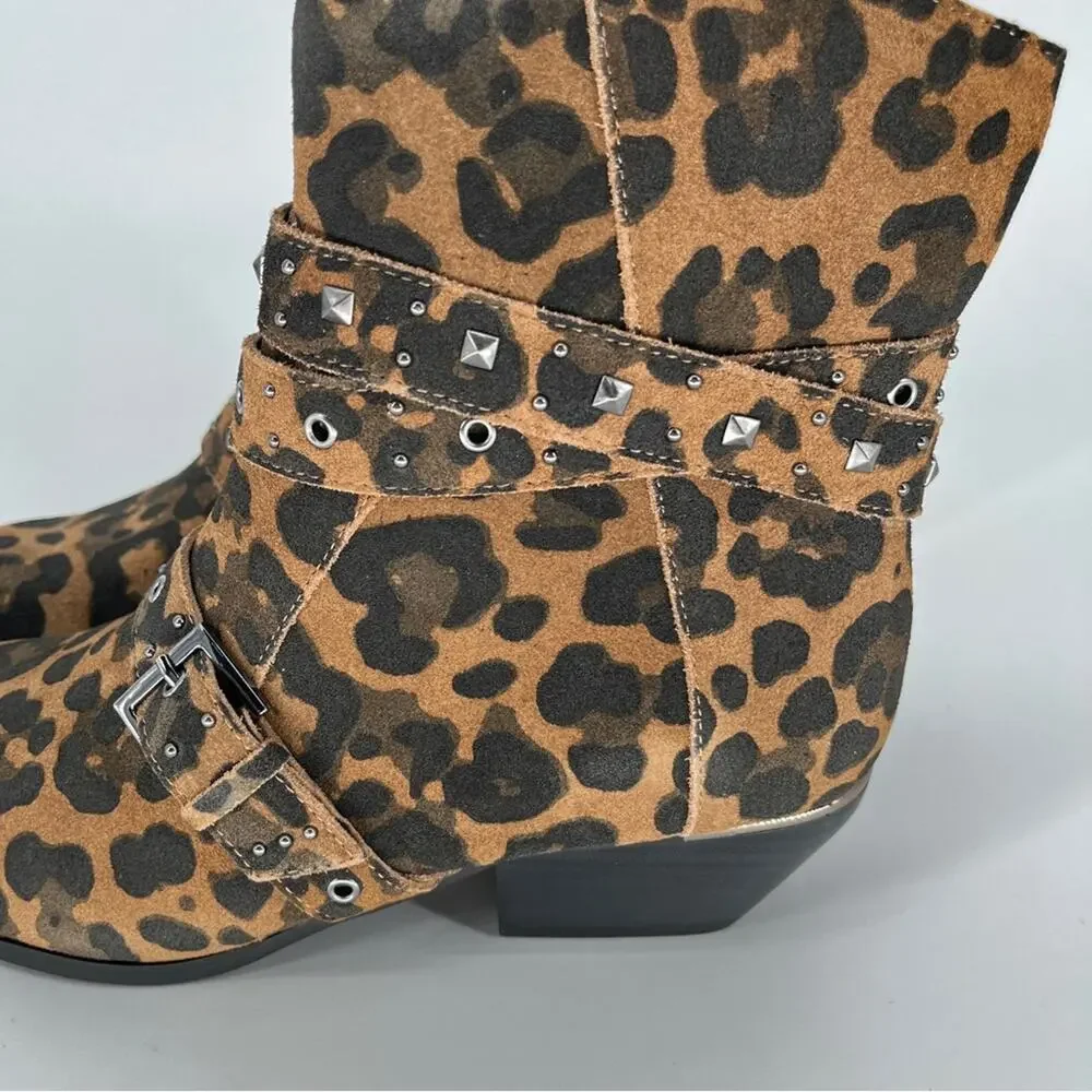 Kenneth Cole Cheyenne Stud Leaopard Suede Ankle booties brown black - 9